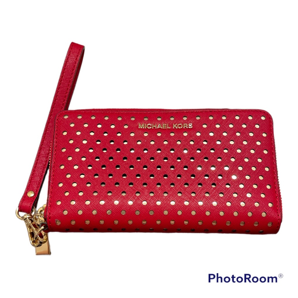 Michael Kors smartphone wristlet/wallet- red & gold. excellent condition